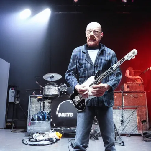 Prompt: Walter white as a rock band member performing live, Stage Photography