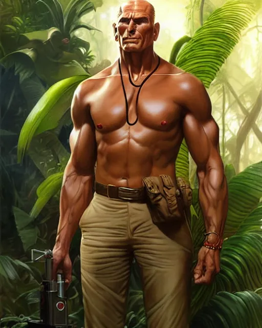 Image similar to doc savage in the jungle, fantasy character portrait, ultra realistic, concept art, intricate details, highly detailed by james bamaruan jia and mandy jurgens and artgerm and william adolphe bouguereau and frank frazetta