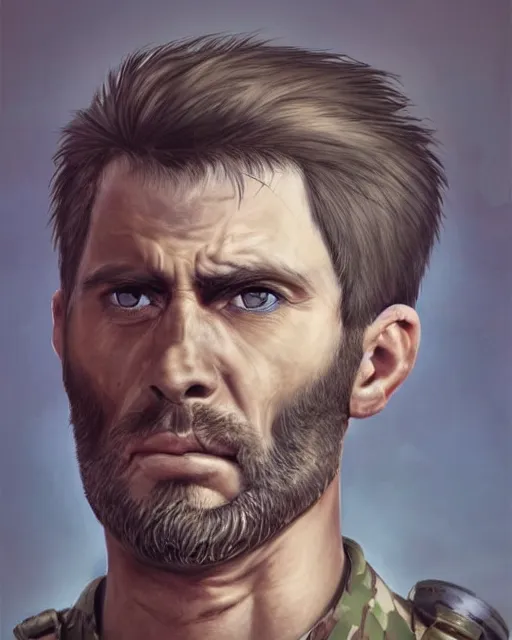 Image similar to portrait of muscular, tired and alcoholic 3 0 - year - old grieving man with short darkblonde hair, serious sad look in his eyes, looking down, dirty beard, blue eyes, crying tears, wearing dirty soldier uniform, on the desert, sad atmosphere, hyper realistic face, character art, art by artgerm, cryengine, trending on artstation, digital art