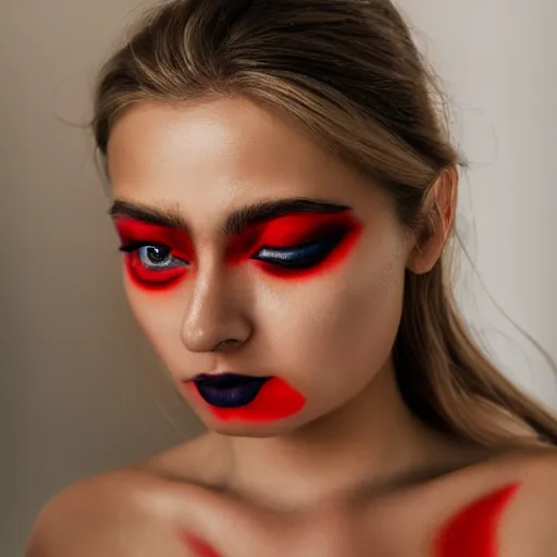Prompt: Close up portrait photography of a female with red square makeup