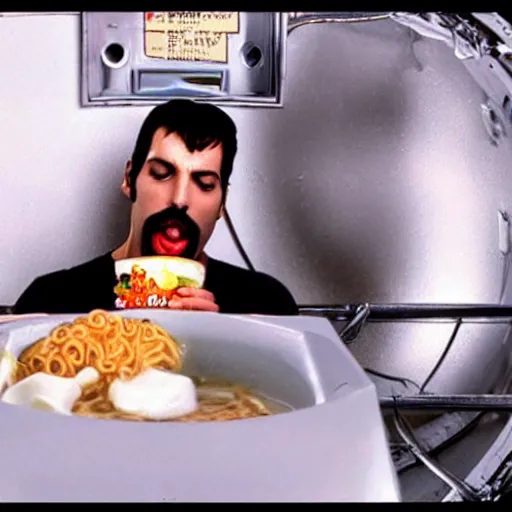 Image similar to Photo of Freddie Mercury eating ramen inside a washing machine, highly-detailed 4K award-winning