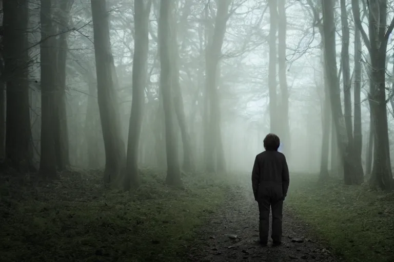 Image similar to a cinematic headshot portrait of a skinny evil male scientist, stood in a spooky forest, fog, shrubbery, 8 k, detailed, backlight, deep focus, movie still, moody lighting, by werner herzog