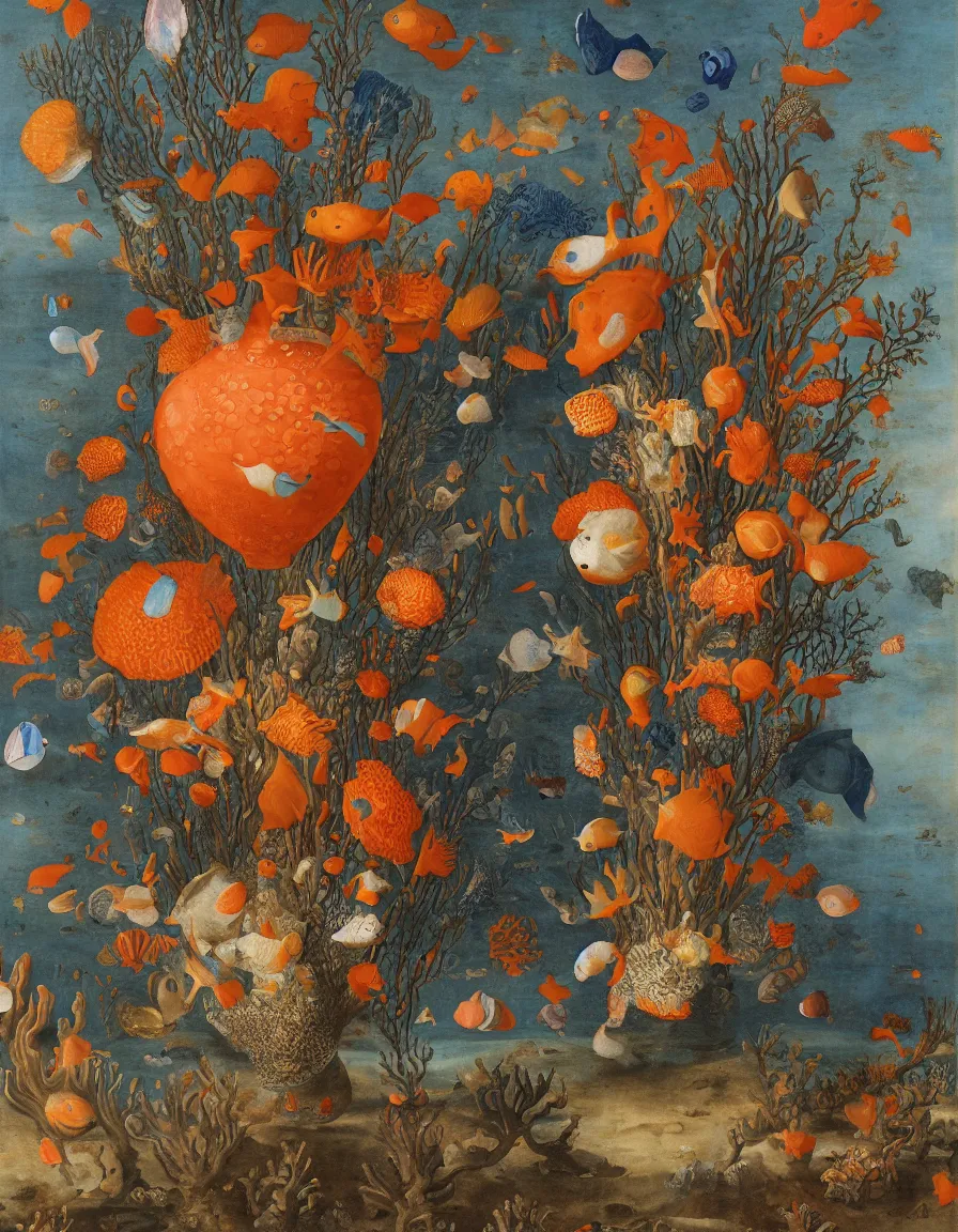 Image similar to bottle vase of coral under the sea decorated with a dense field of stylized scrolls that have opaque outlines enclosing mottled blue washes, with orange shells and purple fishes, Ambrosius Bosschaert the Elder, oil on canvas, hyperrealism, around the edges there are no objects