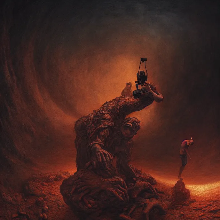 Prompt: man escaping hell, selfie gopro footage, fisheye, landscape portrait surreal painting, perfect composition, beautiful detailed intricate octane render, artstation, 8 k, photorealistic, volumetric cinematic light, chiaroscuro, masterpiece, raphael, bosch, caravaggio, beksinski, giger