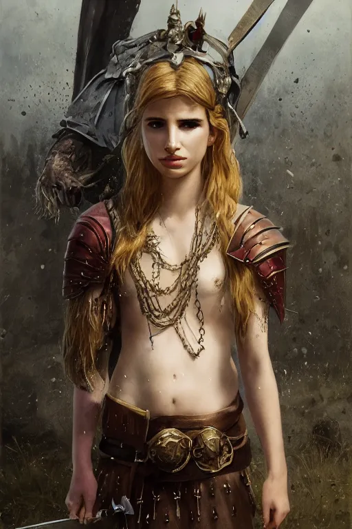 Image similar to young emma roberts, legendary warrior, heroic fighter, lord of the rings, tattoos, decorative ornaments, battle armor, omar ortiz, carl spitzweg, ismail inceoglu, vdragan bibin, hans thoma, greg rutkowski, alexandros pyromallis, perfect face, sharply detailed, centered, rule of thirds, realistic shading, photorealism