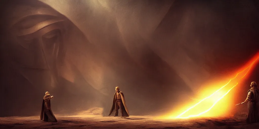 Prompt: anakin skywalker and obi wan kenobi, mustafar, art by da vinci, deviantart, canvas painting, detailed environment, amazing lighting, illumination, painting, art, futuristic, raytracting, dark, contrast, sharp focus, smooth, environment, star wars