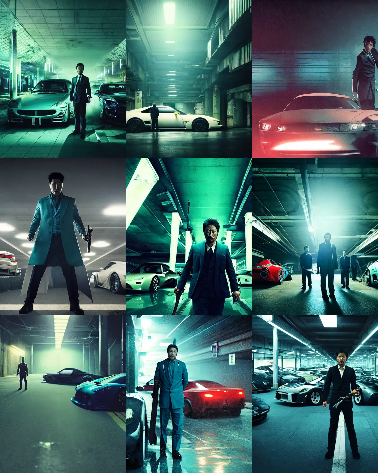 Prompt: denis villeneuve movie still of a yakuza by greg rutkowski and artgerm in an underground parking lot, holding a sword, many exotic cars, rack focus, close establishing shot, monochromatic teal, dark teal lighting, soft dramatic lighting, 4 k digital camera