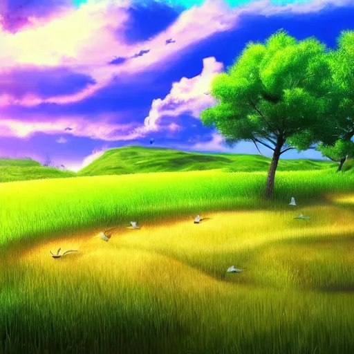 Prompt: a beautiful clean digital art of a landscape with lush green pastures and a beach with birds flying in the sky with white fluffy clouds, a colorful color palette, trending on artstation, 4 k