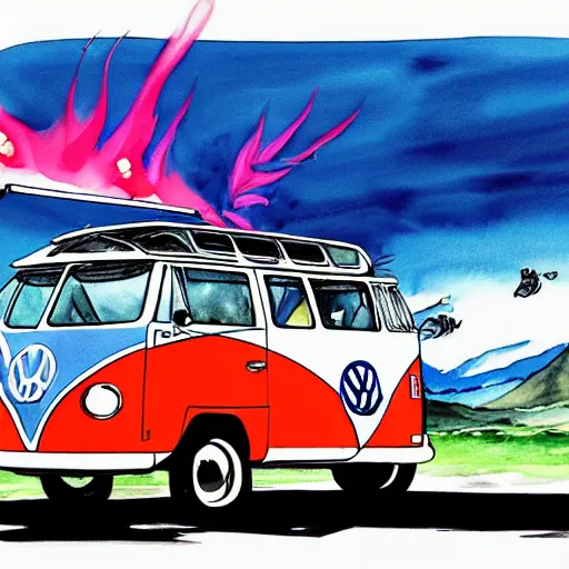 Image similar to a fisheye perspective caricature watercolor painting of a vw volkswagen bus, camper, bulli, type - 2, microbus, kombi, flying towards the camera, jumping at the viewer, dynamic action shot, fish eye lense, frontal, a dramatically erupting vulcano is seen in the background