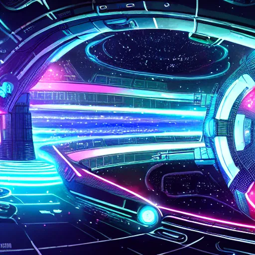 Prompt: cyberpunk space station, black hole and galaxy background, neon, space art, realism