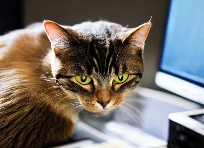 Prompt: a cat in the office using a pc