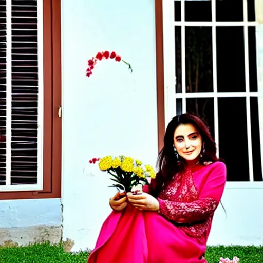 Image similar to a beautiful portrait of the turkish actress rabia soyturk, duy beni serial, sitting on the porch holding a flower, in front of the house