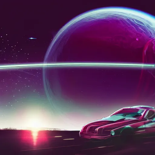 Prompt: A car flying through space, in the distance is a planet, neon, colorful, hyper realistic