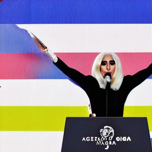 Image similar to Lady Gaga as president, Argentina presidential rally, Argentine flags behind, bokeh, giving a speech, detailed face, Argentina