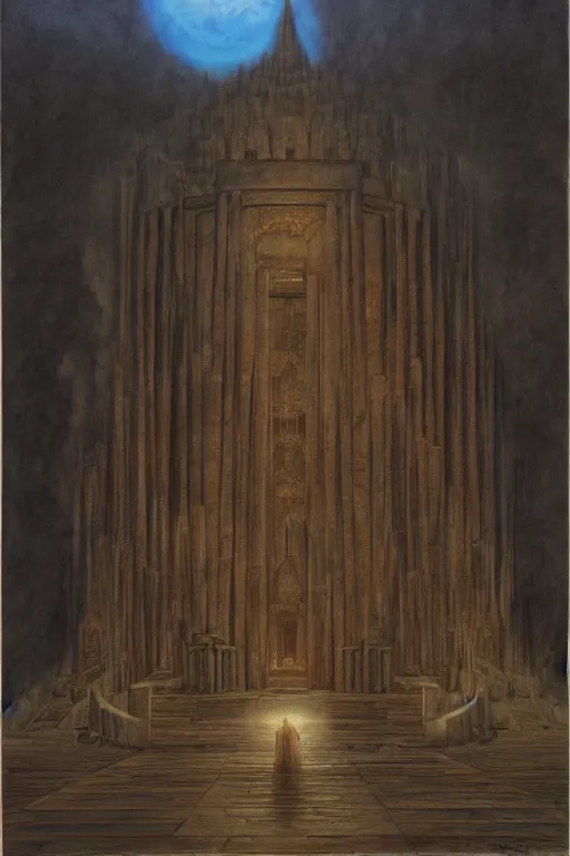 Prompt: Artwork by John Howe of the cinematic view of the Temple of Infernal Writings, Infernal Writing