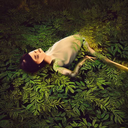 Image similar to beautiful overgrown foliage taking over an ( beautiful abandoned human - shaped robot body laying on the ground ), close - up, 3 5 mm, biopunk, bokeh, beautiful, lens flare, emotional, sweet, flowers, detailed, picture, trending on artstation, award - winning, shiny, golden, angle view, octane render