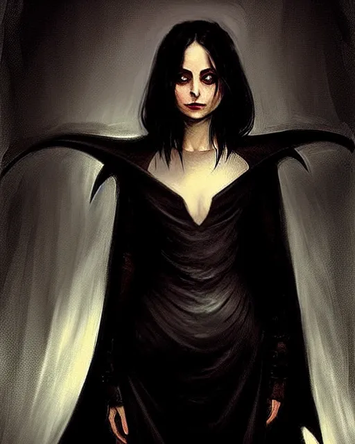 Prompt: style of hubert robert, rafeal albuquerque : : gorgeous willa holland : : evil vampire, swirling blood magic, black dress : : symmetrical face, symmetrical eyes : : full body pose : : gorgeous black hair : : magic lighting, low spacial lighting : :