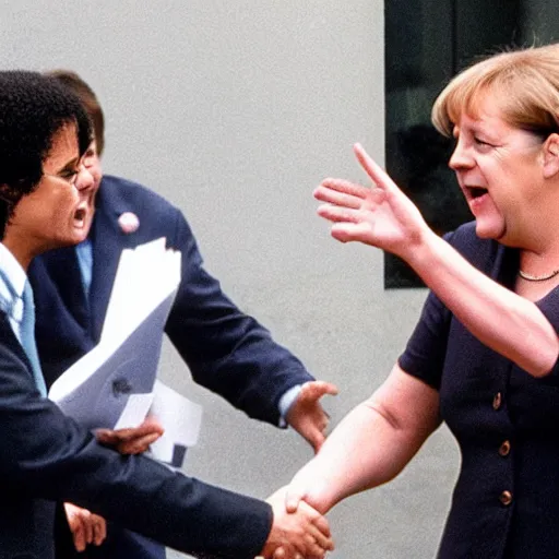 Image similar to angela merkel shaking hands with michael jackson while screaming and shouting