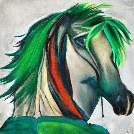 Prompt: “portrait of a man with green hair on a horse, abstract modern art”