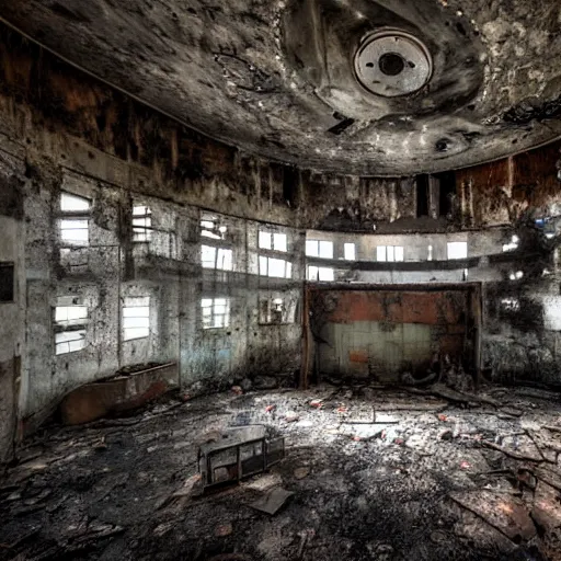 Prompt: detailed award winning urbex photograph of an abandoned ramshackle ussr submarine base, cinematic composition, volumetric light, wide angle, film grain