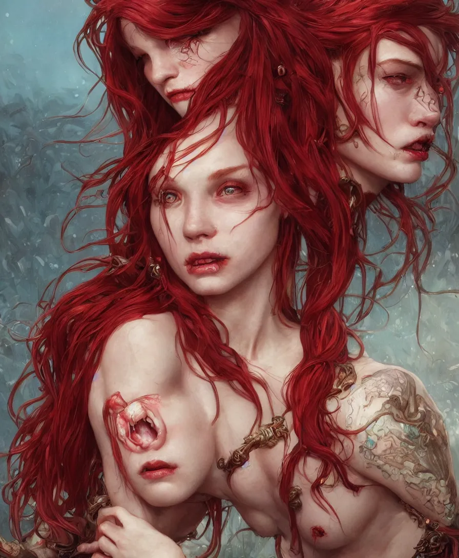 Image similar to Hyperrealistic close-up portrait of zombie mermaid young woman with red hair, D&D, fantasy, intricate, elegant, highly detailed, digital painting, artstation, concept art, smooth, sharp focus, illustration, art by artgerm and greg rutkowski and alphonse mucha