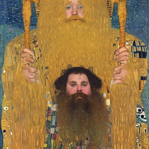 Image similar to by gustav klimt jaunty. a print of a mythological scene. large, bearded man seated on a throne, surrounded by sea creatures. he has a trident in one hand & a shield in the other. behind him is a large fish. in front of him are two smaller creatures.