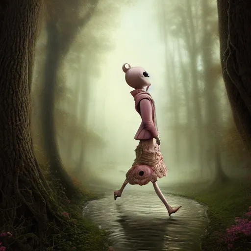 Image similar to beautiful digital fantasy illustration of wandering, but not lost by mark ryden and and iris van herpen, octane render, detail texture, unreal engine, 8 k, ultra hyper realistic quality