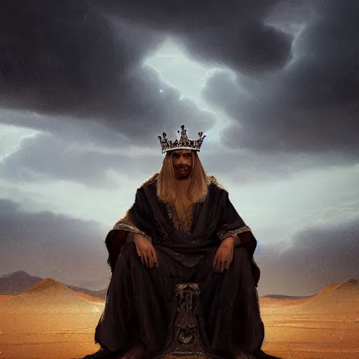 Image similar to a man with a crown on his head, dressed in a robe, sitting on a throne, in the desert, in the background a thunderstorm, by greg rutkowski, digital art, epic, 8 k, hyperdetalied, cgsociety,