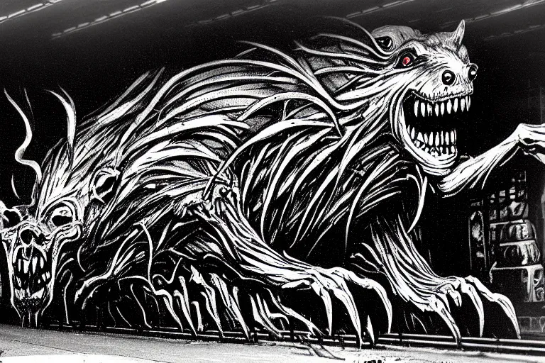 Image similar to very large giant mutant zombie irradiated ( angry rat ) staying on railways in tonnel of moscow subway. tonnel, railways, giant angry rat, furr, fangs, claws, very realistic. extreme long shot, wide angle, herman nitsch and herman nitsch, giger.