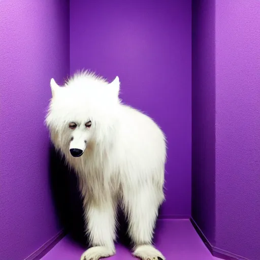 Image similar to A photo of a white fur monster standing in a purple room