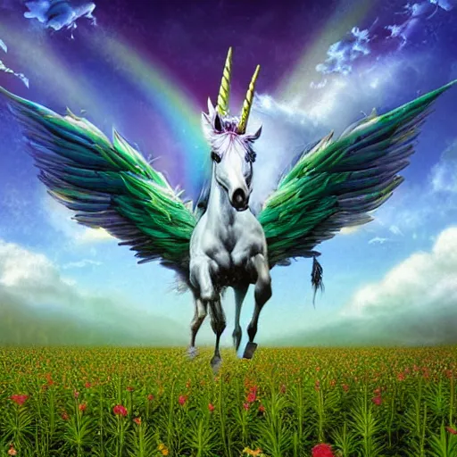 Image similar to a unicorn with wings dancing in a field of tall marijuana plants with a psychedelic sky,, ultra realistic, concept art, intricate details, highly detailed, photorealistic, octane render, 8 k, style of jean baptiste monge