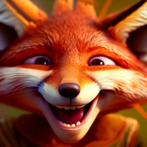 Image similar to weta disney pixar movie still macro close photo of smiling anthropomorphic fox holding on nose a bread with face : : by weta, greg rutkowski, wlop, ilya kuvshinov, rossdraws, artgerm, octane render, iridescent, bright morning, anime, liosh, mucha : :