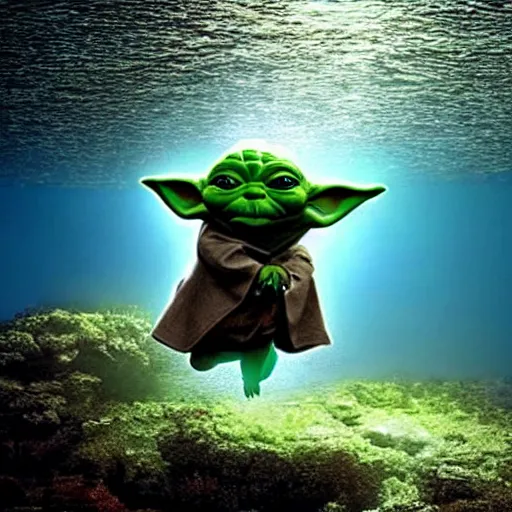 Image similar to stunning awe inspiring yoda swimming under water towards a dollar bill, movie still 8 k hdr atmospheric lighting