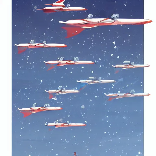 Prompt: A beautiful painting of several fighter jets flying around the snowy city in the sky, Trending on artstation, by Miyazaki