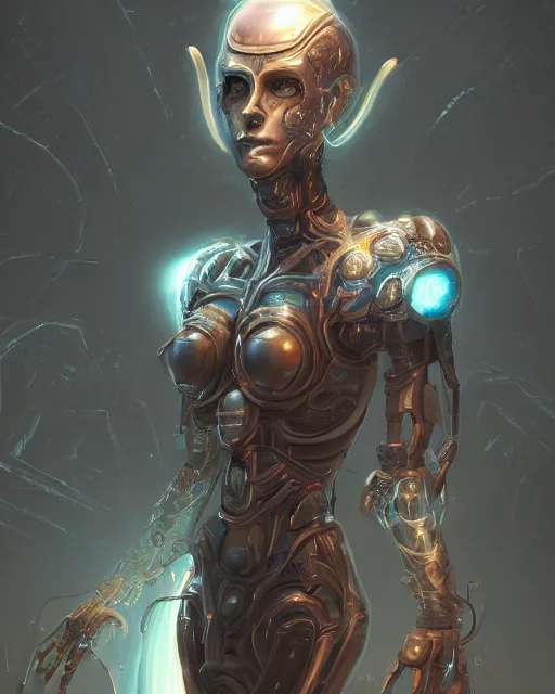 Prompt: benevolent android necromancer, aura of light, artificial intelligence, scifi, futuristic, highly detailed, trending on artstation, lee ji - eun, advanced technology, art by vitaly bulgarov