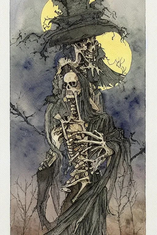 Image similar to a simple and atmospheric watercolour portrait of a skeleton king on halloween, very muted colors, by rebecca guay, michael kaluta, charles vess and jean moebius giraud