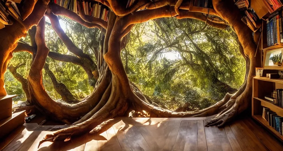 Image similar to An incredibly beautiful scene from a 2022 Marvel film featuring a cozy art nouveau reading nook in a fantasy treehouse interior. Ancient books. A tree trunk. Suspended walkways. Golden Hour. 8K UHD.