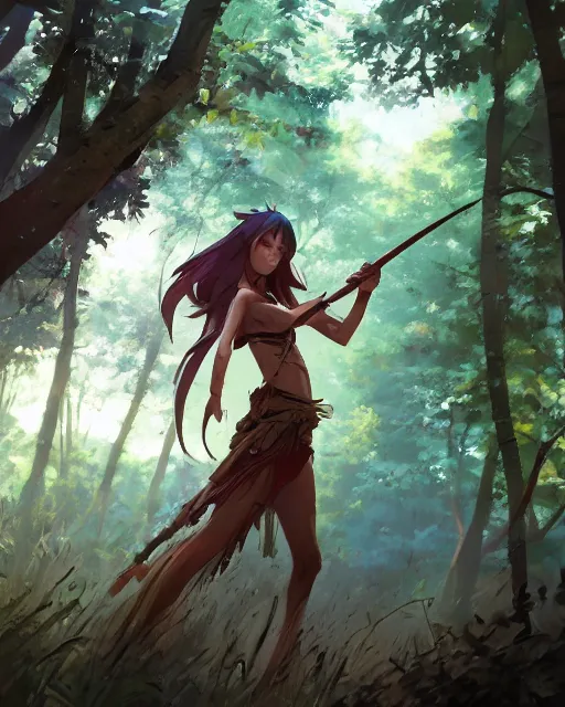 Image similar to a tribeswoman standing in the woods. By Makoto Shinkai, Stanley Artgerm Lau, WLOP, Rossdraws, James Jean, Andrei Riabovitchev, Marc Simonetti, krenz cushart, Sakimichan, D&D trending on ArtStation, digital art.