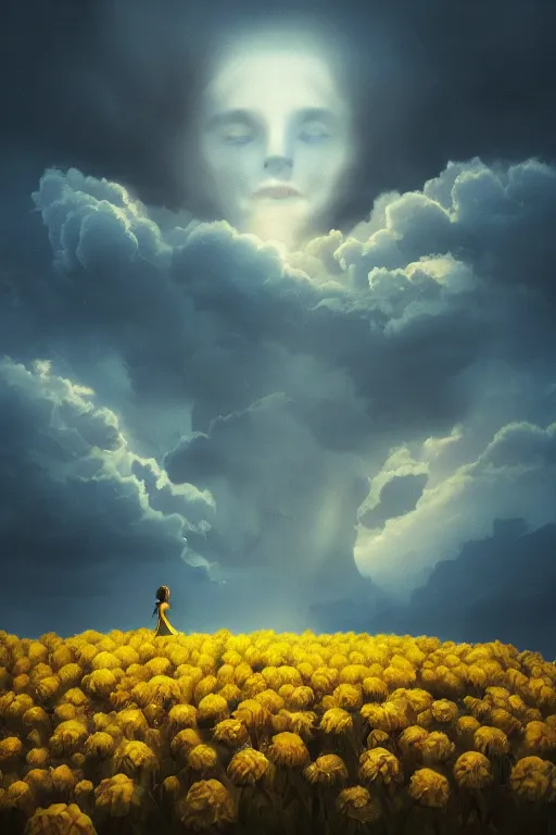 Image similar to closeup girl with huge yellow dahlia flower face, intricate, standing on mountain, surreal photography, blue storm clouds, dramatic light, impressionist painting, digital painting, artstation, simon stalenhag