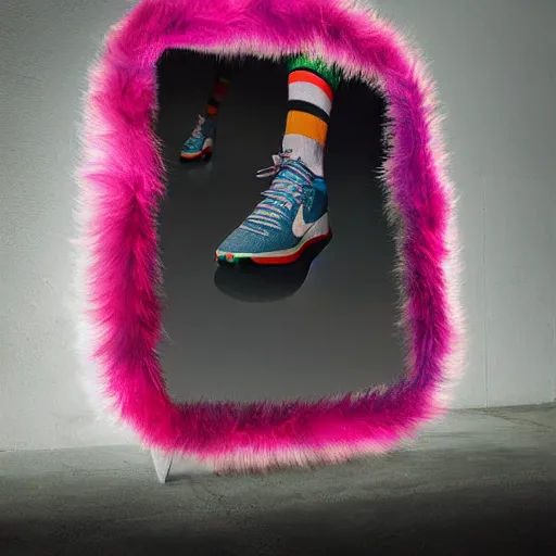 Image similar to poster nike shoe made of very fluffy colorful faux fur placed on reflective surface, professional advertising, overhead lighting, heavy detail, realistic by nate vanhook, mark miner