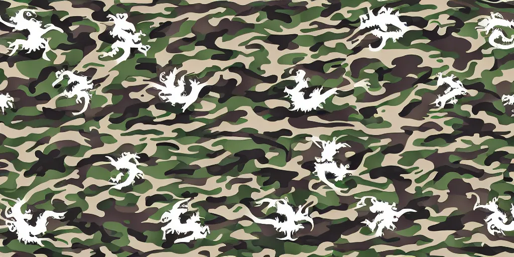 Prompt: detailed camo pattern with western dragon illustrations