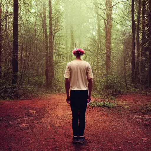 Image similar to kodak portra 4 0 0 photograph of a skinny blonde guy standing in dark forest on a glowing path, back view, flower crown, moody lighting, telephoto, 9 0 s vibe, blurry background, vaporwave colors, faded!,