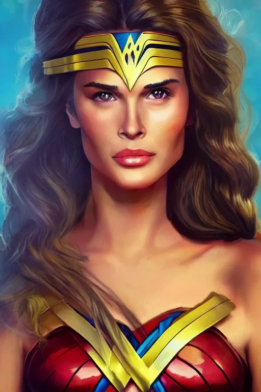 Image similar to portrait of a mix of beautiful young maria shriver, mariel hemmingway, brooke shields and elle macpherson as wonderwoman, thin lips, hair tied up in a pony tail, colorful artstation, cgsociety