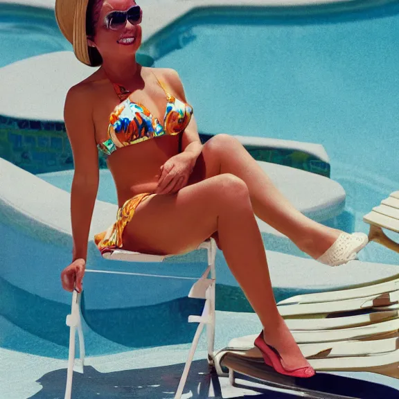 Prompt: A beautiful woman in sunglasses and a bikini relaxing in a lounge chair by a pool in Palm Springs, vintage, stylistic, medium shot, retro, photorealism, 1960s