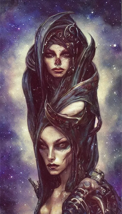 Image similar to portrait of female space pirate, night sky background, beautiful! coherent! by brom, by brian froud, deep color, strong line, high contrast