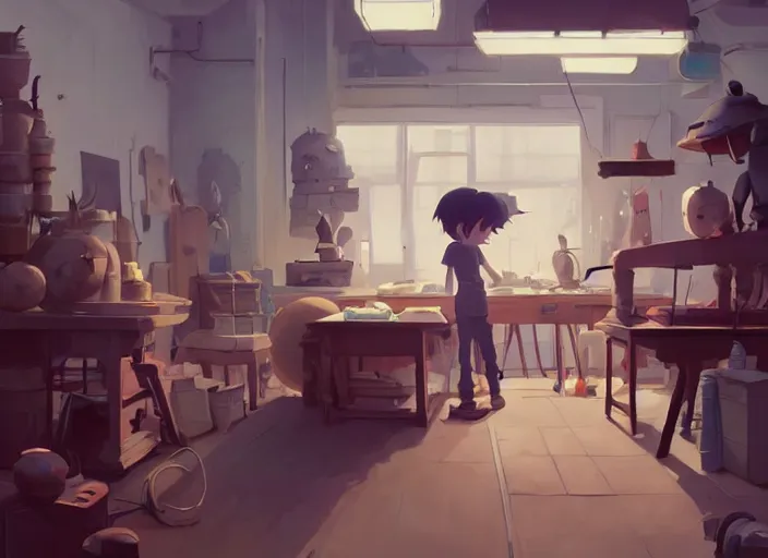 Image similar to sculptor's workshop, detailed, cory loftis, james gilleard, atey ghailan, makoto shinkai, goro fujita, studio ghibli, rim light, exquisite lighting, clear focus, very coherent, plain background, soft painting