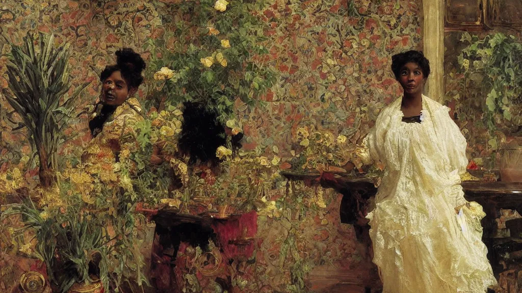 Image similar to high quality high detail painting by ilya repin, black woman in a white room with many plants, intricate costume design, orientalist, partially gold, ornate, elite, luxury, hd