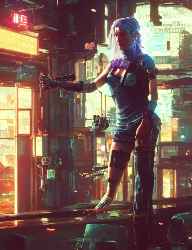 Image similar to a young female waitress as cyberpunk 2 0 7 7 concept art, art by ryo shiotani and greg rutkowski, intricate, beautiful, cute, cinematic lighting, vintage art by serge ivanoff, high resolution, very detailed