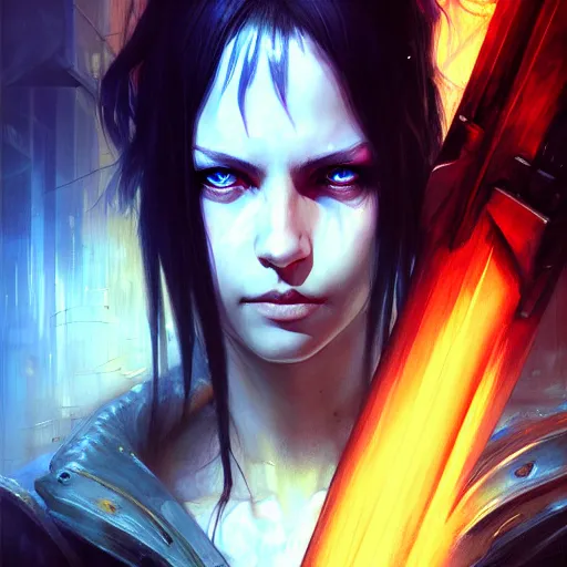 Image similar to edgy jrpg character holding bloodsword, hyperrealistic portrait, bladerunner street, by karol bak and agnes cecile, fantasy art, photo realistic, dynamic lighting, artstation, poster, volumetric lighting, very detailed face, 8 k, award winning