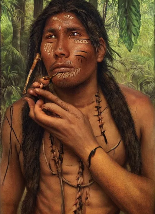 Prompt: a beautiful portrait of an indigenous man taking rapé in the jungle, taking tobacco snuff, fantasy art, matte painting, highly detailed